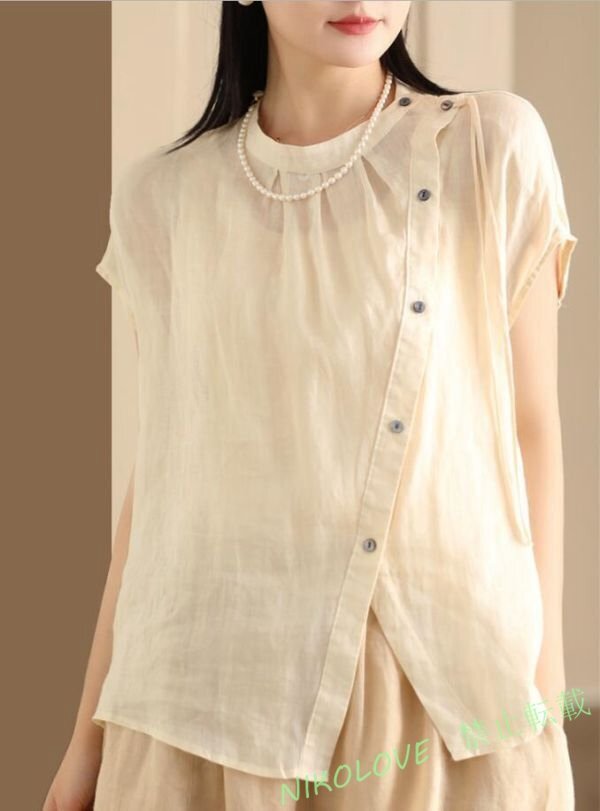 新品 ブラウス レディース 半袖 シャツブラウス 綿麻 無地 トップス シンプル ゆったり きれいめ 大人可愛い チュニック 杏 LG868拍卖