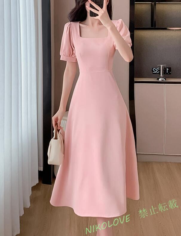 新品 オシャレ 着やせ効果抜群 ワンピース きれいめ ロング 半袖 フォーマル 上品 きれいめ 結婚式 通勤 入園式 /ピンク LF359拍卖