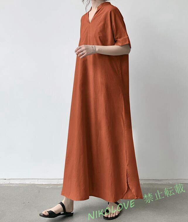 新品レディース ゆったり大きいサイズ カジュアル体型カバー 無地 Vネック 半袖ロングワンピースFブラウン LH046拍卖