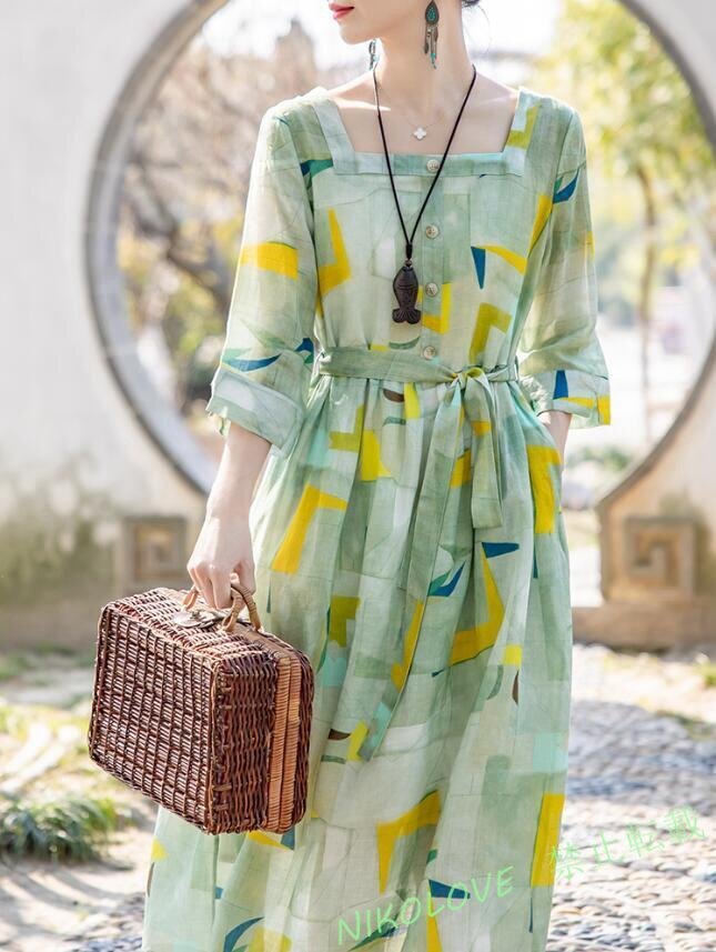 新品 夏花柄 ロングワンピース 長袖 ロング ミモレ丈 花柄ワンピース レディース 大きいサイズ 総柄 通勤 着痩せXL LG801拍卖