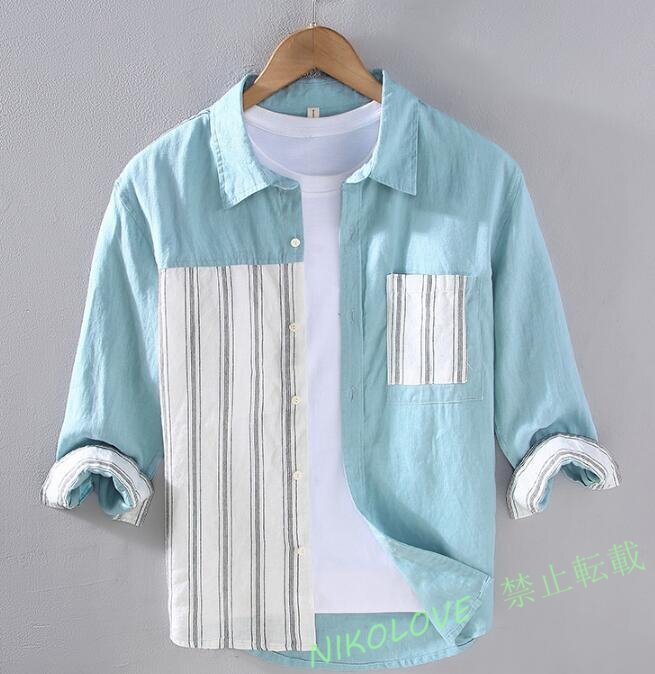 リネンシャツ 七分袖シャツ 夏 ワイシャツ 切替 ストライブ柄 亜麻100% 麻シャツ 夏 サマー カジュアル 心地良し 清涼感 通勤 LD754拍卖