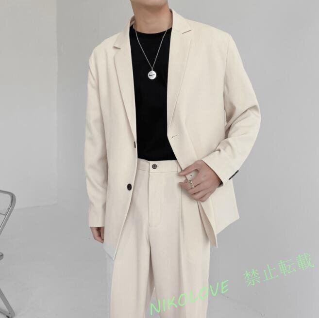 夏物 スーツセットアップ 二点セット カジュアルスーツ メンズ ジャケット パンツ 上下セット ウエストゴム付き オフホワイト LD576拍卖