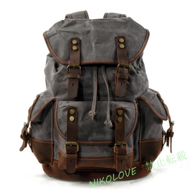 新品夏物 メンズバッグ リュック デイパック バックパック 牛革 キャンバス A4 旅行 多機能 大容量 防水 耐久 登山 グレー LD977拍卖