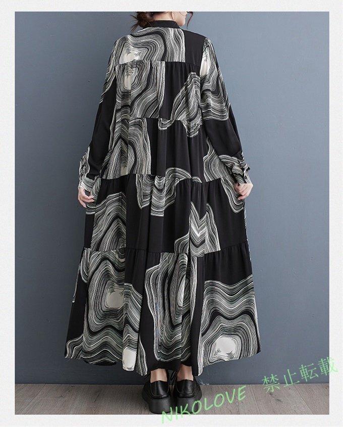 新品レディース カジュアル プリント ゆったり大きいサイズ体型カバー ロング丈長袖ワンピース 黒 LE920拍卖