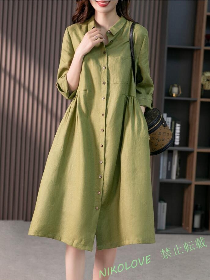 新品 夏ゆったり ワンピース きれいめ リネン シャツワンピース ロング 着心地良い 大きいサイズ Aラインワンピース グリーン LH105拍卖