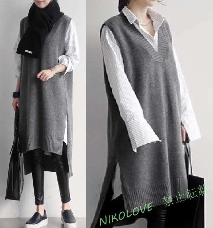 ☆新品*とろみ素材*Vネック*カシュクール*アシメ*スリット*入*ロング*ワンピース*ニット*ベスト*セーター*グレー*LF719拍卖