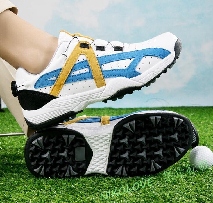 新品ゴルフシューズ メンズ ダイヤル式 運動靴 牛革 スポーツシューズ 幅広いフィット感 軽量 防水 防滑 耐磨 弾力性 白/黄 LF586拍卖