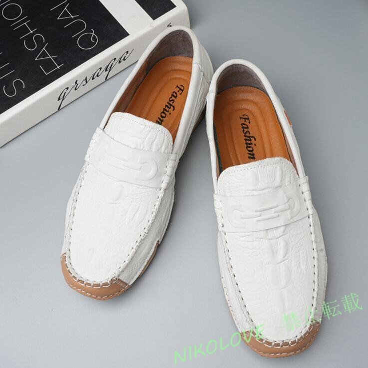 新品ローファー スリッポン 牛革 ビジネスシューズ切替 配色メンズ レザーシューズ 本革 ドライビングシューズ 紳士靴 ホワイト LF421拍卖