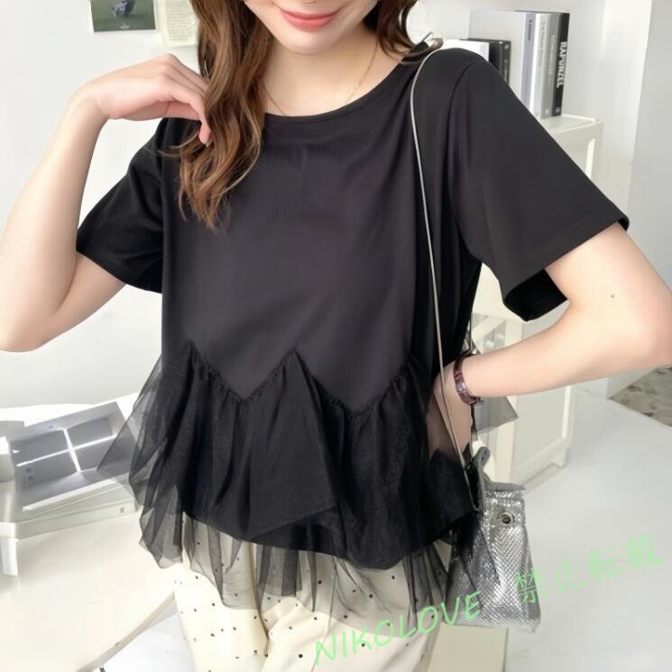 新品 夏 チュニック 大人可愛い 着痩せ トップス 半袖 ゆったり きれいめ フリル 切り替え 無地 Aライン 体型カバー ブラウス LH031拍卖