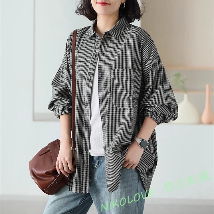 新品ゆったり大きいサイズ カジュアル チェック柄 ナチュラル ブラウスシャツM~2XL 黒白 LE882拍卖