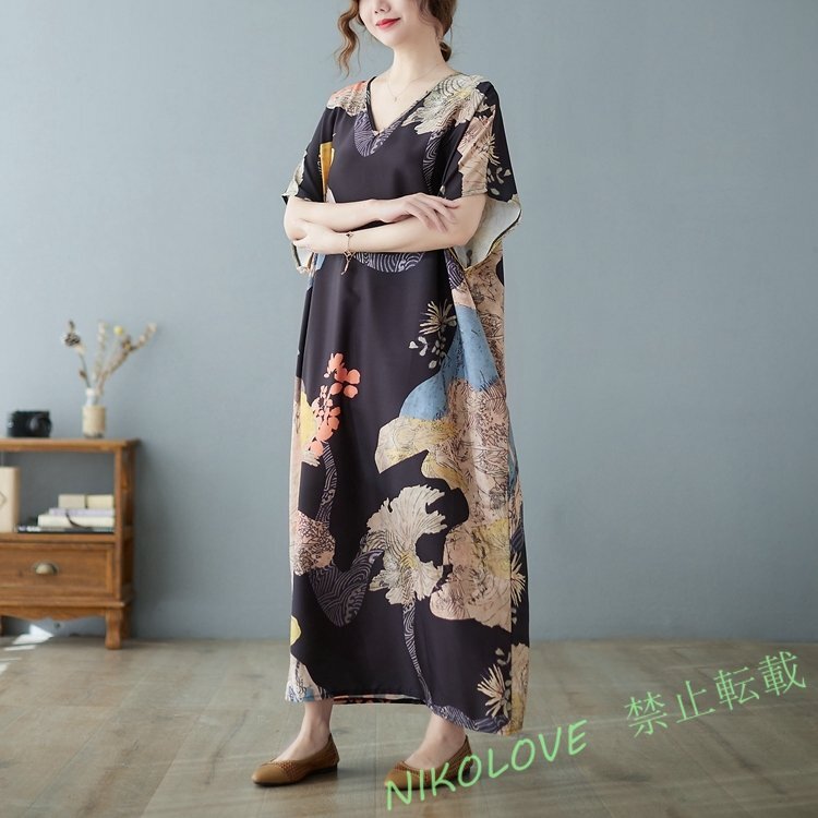 新品レディース Vネック プリント 20304050代 ゆったり大きいサイズ体型カバー 半袖ロングワンピース LE858拍卖