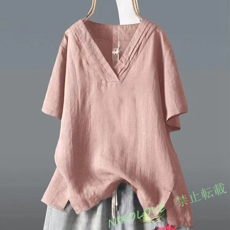 新品 夏Vネック チュニック 薄い シンプル ゆったり 無地 半袖 大きいサイズ 通勤 OL 素敵な 綿麻 きれいめ トップスピンク LH044拍卖
