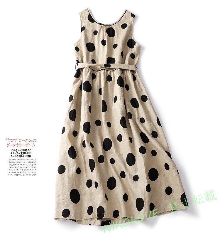 新品ゆったり大きいサイズ 丸首 カジュアル ドット模様 袖なし ワンピース カーキ LH390拍卖