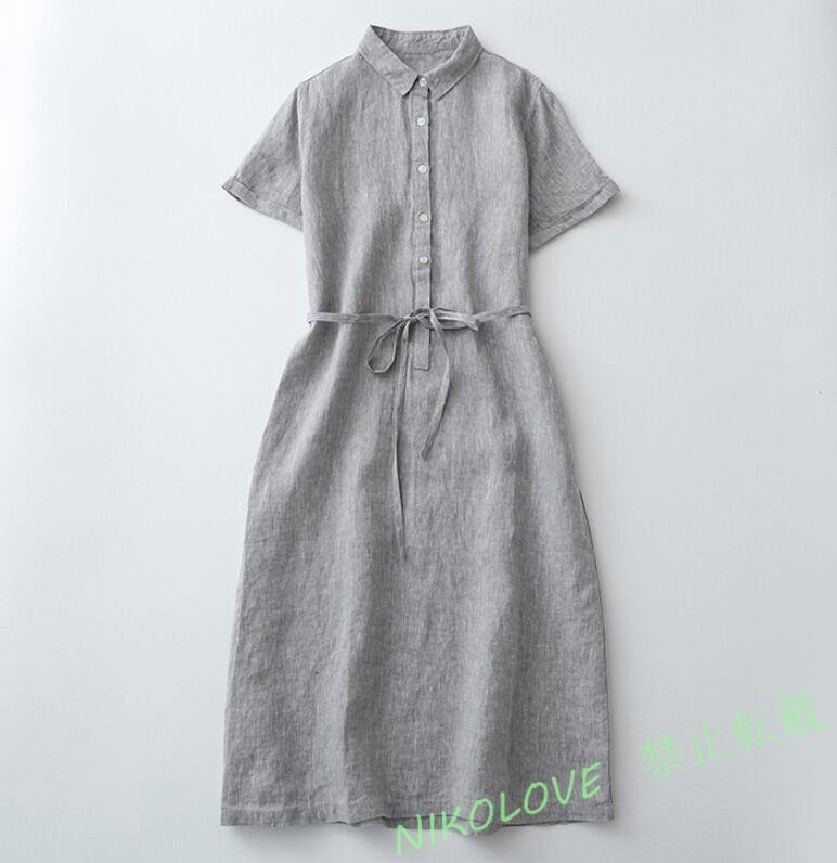 新品カジュアル 体型カバー レディース 無地 綿麻 リネン半袖リボンワンピース M~2XL グレー LH407拍卖