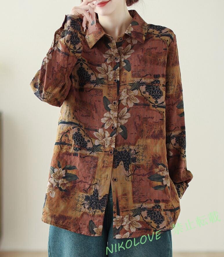 新品 人気森ガール ブラウス シャツ トップス 長袖 プリント柄 チュニック 着やせ 大人 カジュアル お洒落 きれいめ レッドXL LH130拍卖