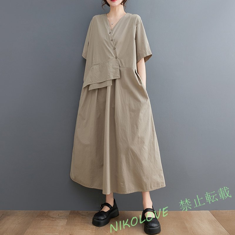 新品カジュアル 体型カバー レディース ゆったり大きいサイズ 個性 切り替え 半袖ロングワンピース F カーキ LE525拍卖