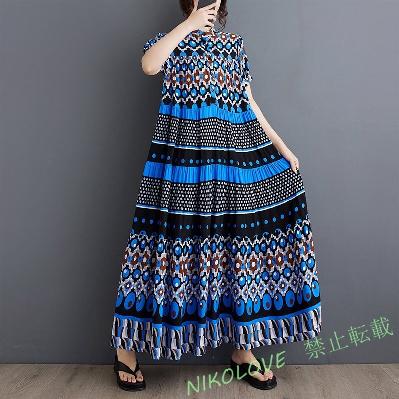 新品レジャー ゆったり ファッション 丸首 切り替え 幾何柄 半袖 ワンピース 紺 LE633拍卖