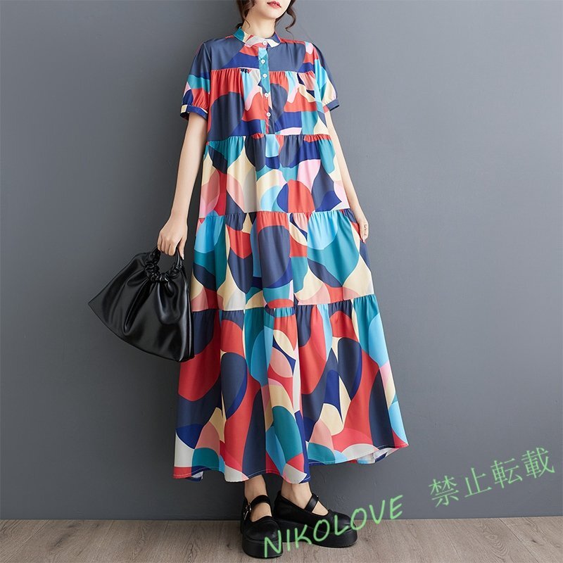新品レディース エレガント 切り替え ゆったり大きいサイズ体型カバー 半袖ロングワンピース 青不規則な円形で LE700拍卖