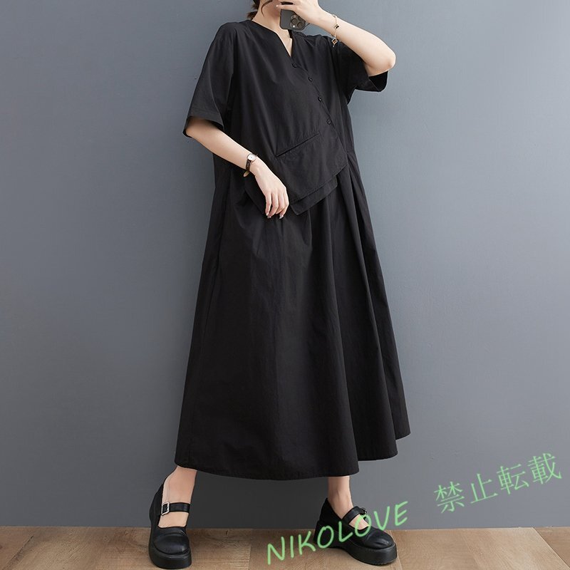 新品カジュアル 体型カバー レディース ゆったり大きいサイズ 個性 切り替え 半袖ロングワンピース F 黒 LE760拍卖