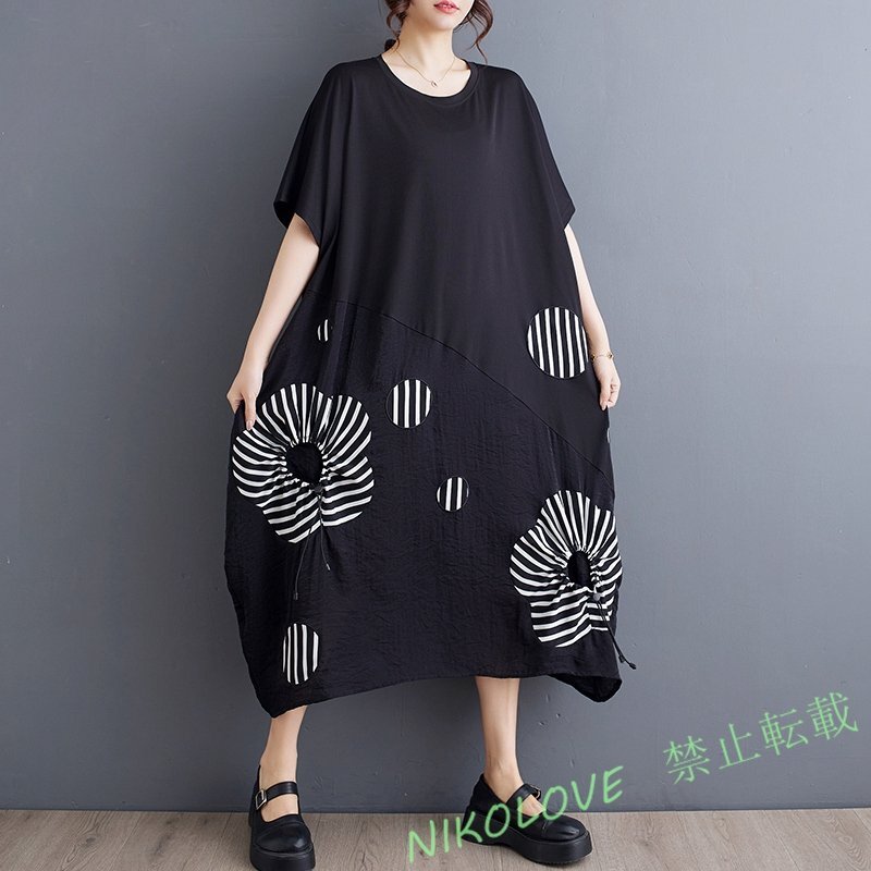 新品レディース 復古 体型カバー 着やせ ゆったり大きいサイズ 切り替え 立体お花ト 半袖 ロングワンピース F LE507拍卖