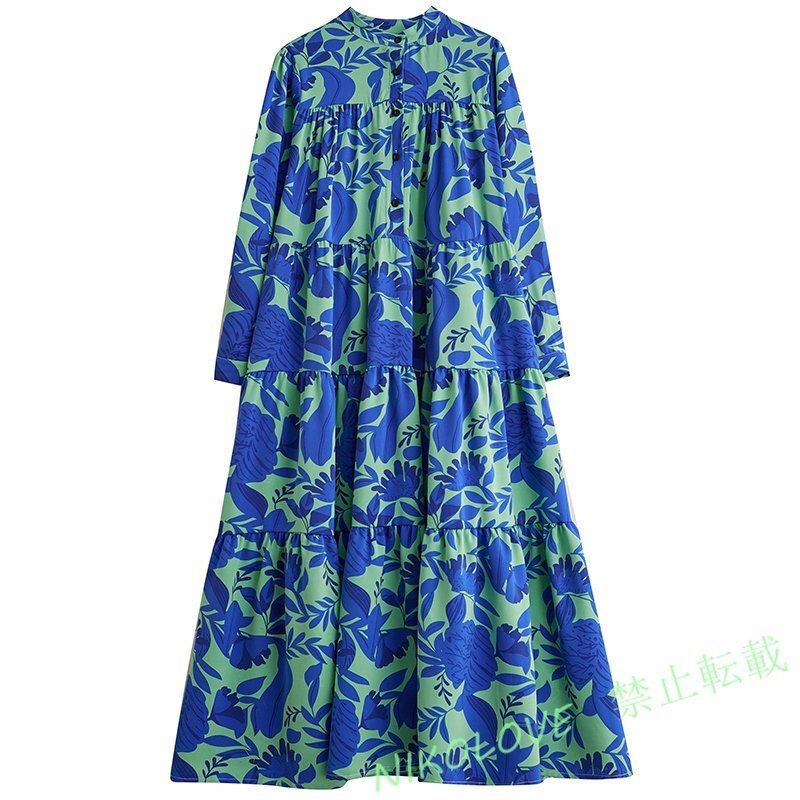 新品ゆったり大きいサイズ カジュアル おしゃれ プリント柄マキシロングワンピース ブルー LE515拍卖