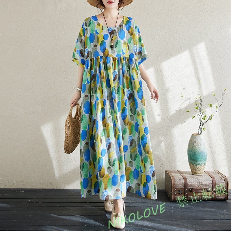 新品カジュアル オシャレ ゆったり大きいサイズ 体型カバー プリント 半袖ロングワンピース LE529拍卖