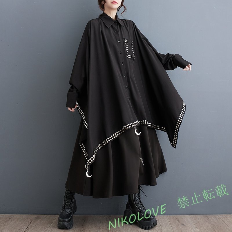 新品カジュアル 個性 オシャレ ゆったり大きいサイズ 不規則 リベット本 長袖シャツブラウス F LE526拍卖