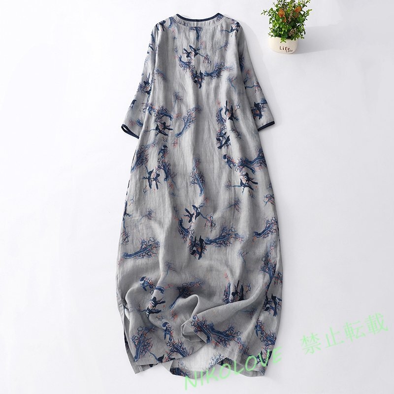 新品レトロ 軽薄 ゆったりサイズ 身を修めてやせて見 小鳥模様 Vネック 五分袖ミドル丈ワンピース グレー LE631拍卖