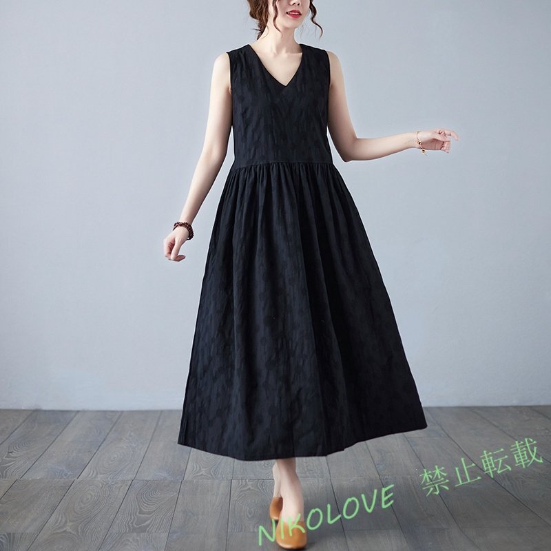 新品レディース ゆったり大きいサイズ 体型カバー カジュアル 無地 Aライン 袖なしロングワンピース 黒 LE493拍卖