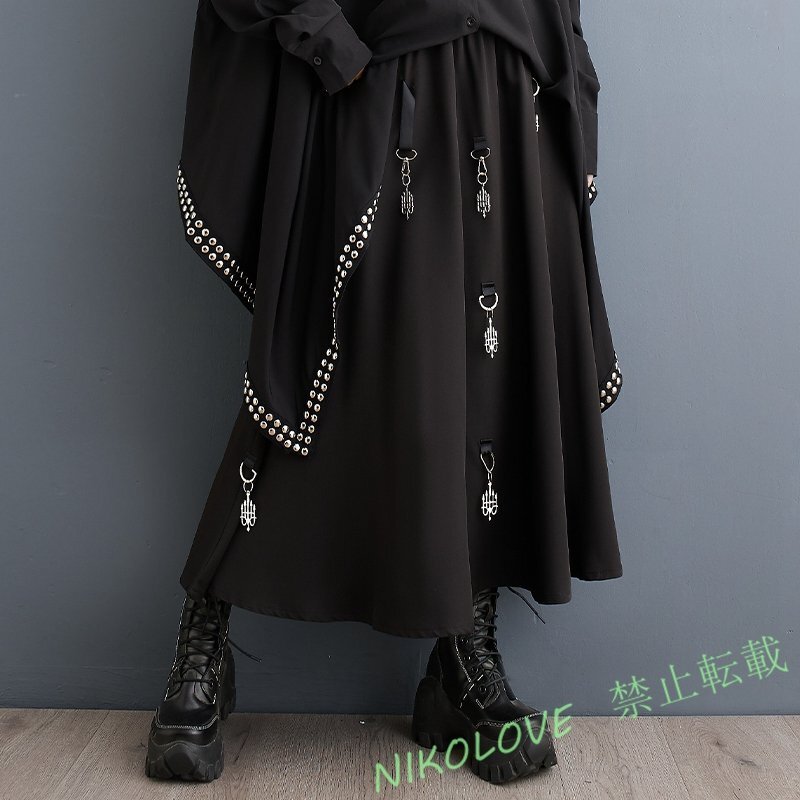 新品レディース ゆったり大きいサイズ カジュアル 個性 ウエスト調整 ロングフレアスカート 黒 LE740拍卖