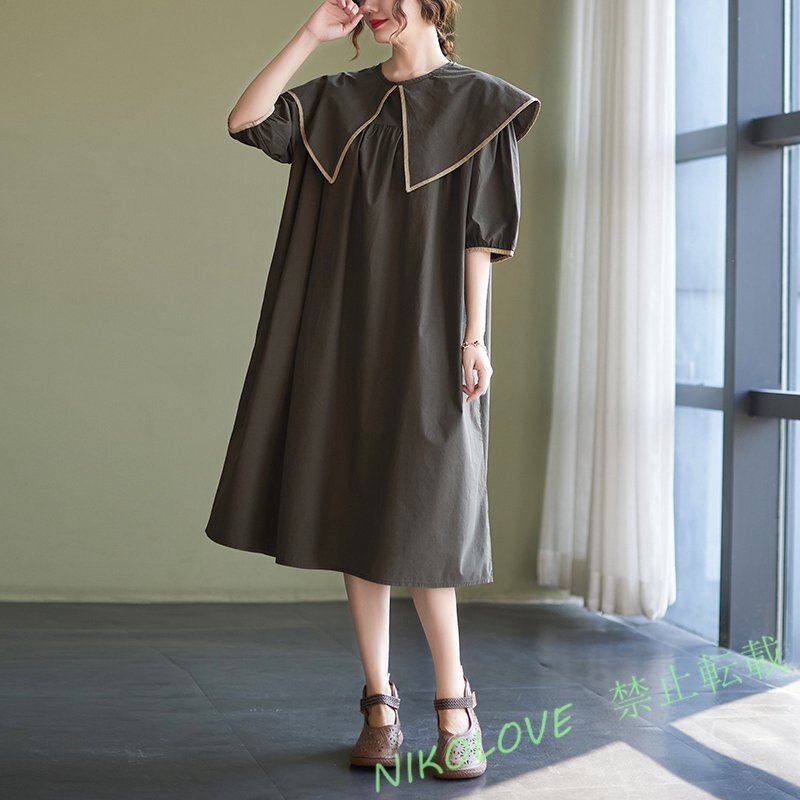 新品レディース カジュアル オリジナル 20304050代体型カバー ゆったり大きいサイズロング丈ワンピース 茶色 LE569拍卖