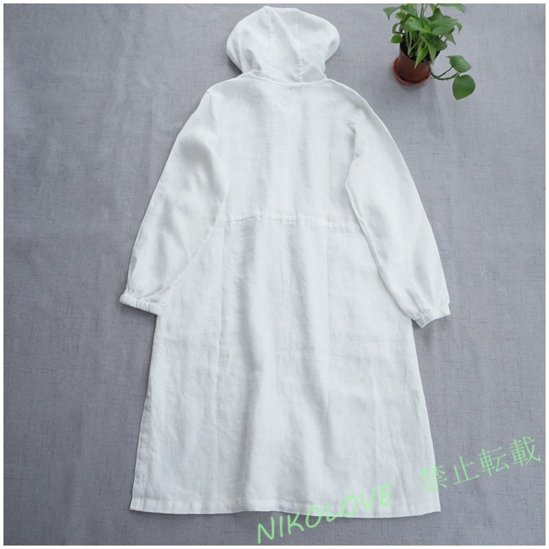 新品カジュアル 体型カバー レディース フード付き 亜麻 無地 長袖 ロングコート 白 LH073拍卖