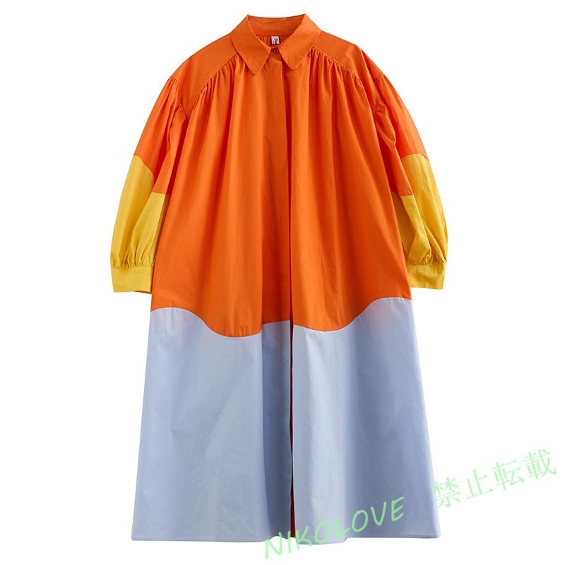 新品ゆったり大きいサイズ カジュアル おしゃれ 切り替え配色ロングシャツワンピース LE796拍卖