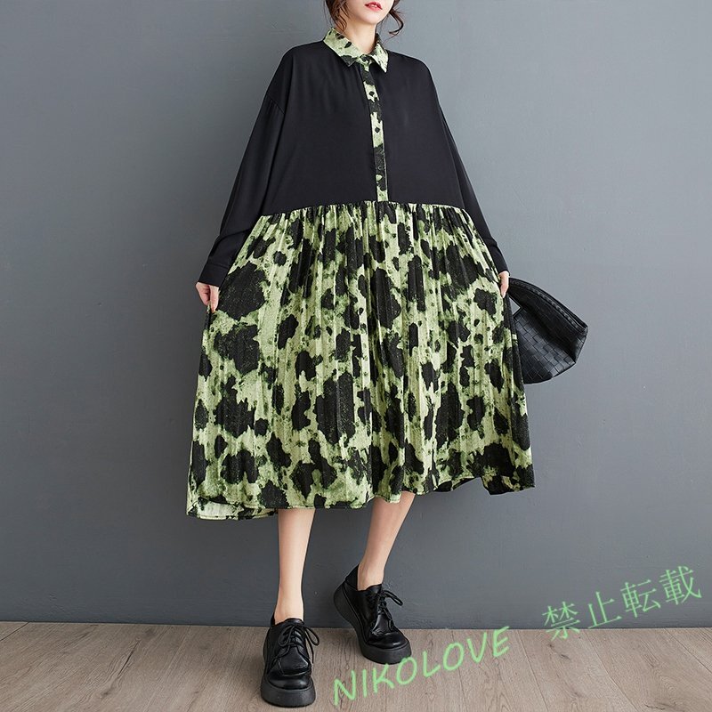 新品レディース ゆったり大きいサイズ カジュアル体型カバー 長袖 ポロシャツのワンピース LH042拍卖