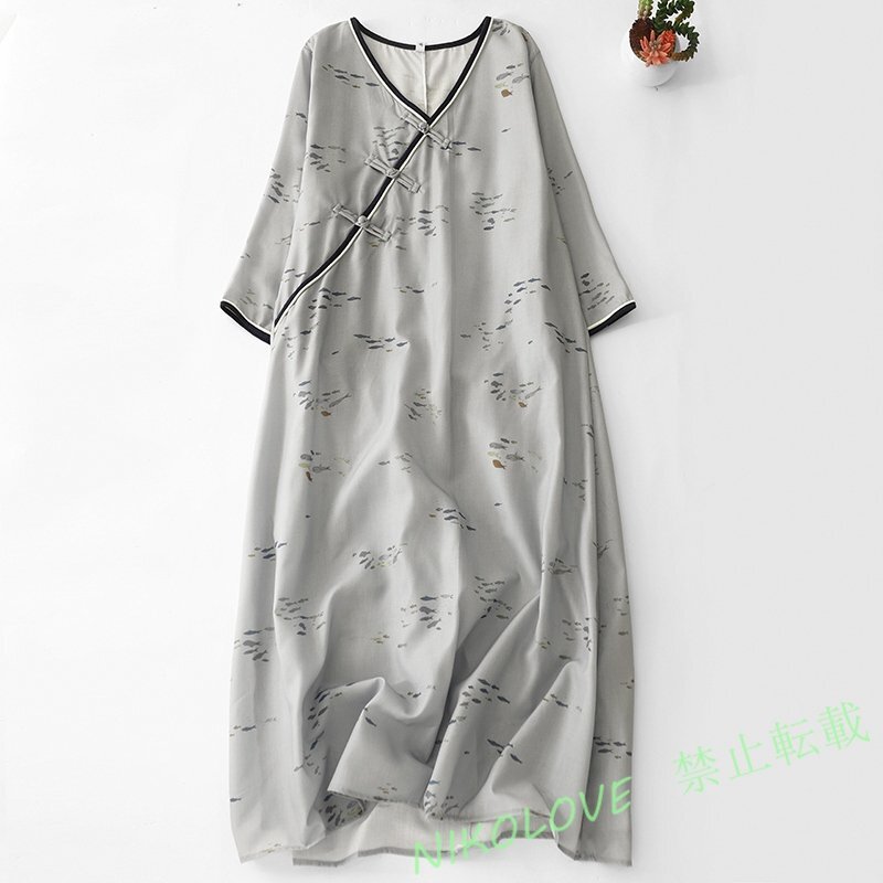 新品カジュアル 古風 Vネック 小魚模様 チャイナドレス 七分袖 バックル ミドル丈 ワンピース 緑 LE968拍卖