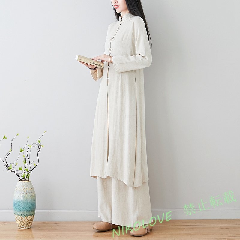 新品ゆったり大きいサイズ チャイナドレス風 亜麻 レディース ブラウス+ワイドパンツ2点セットパンツスーツ LE948拍卖