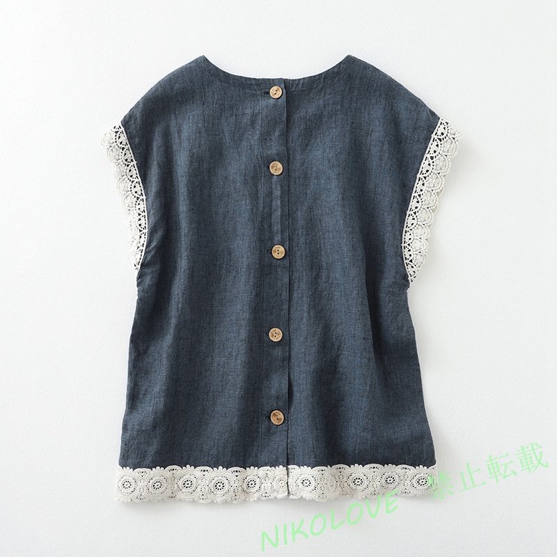 新品カジュアル ナチュラル レース付き ゆったり大きいサイズ 綿麻 シャツブラウス M~2XL ネイビー LH246拍卖