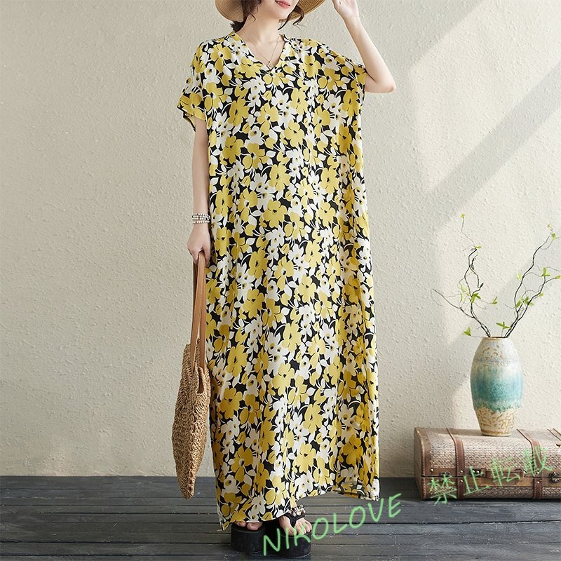 新品ゆったりビッグサイズ ファッション Vネック 花柄 半袖 ワンピース イエロー LH526拍卖