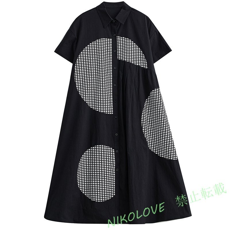 新品レディース ゆったり大きいサイズ 体型カバー カジュアル ギャザー 半袖 ロングシャツワンピース ブラック LH552拍卖