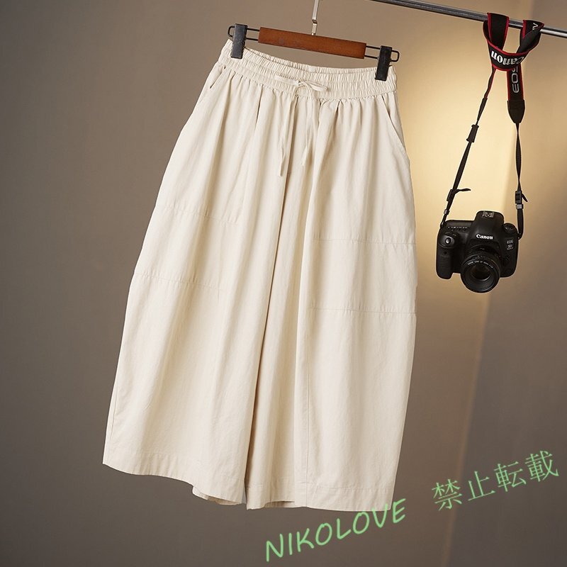 新品カジュアル ゆったりサイズ 紐を結び 無地 レディース 七分パンツ ワイドパンツ LH309拍卖