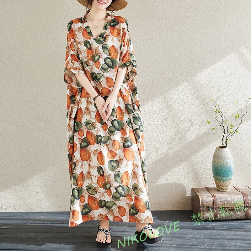 新品カジュアル オシャレ ゆったり大きいサイズ 体型カバー ドット柄 半袖 ロングワンピース F オレンジ色 LH266拍卖