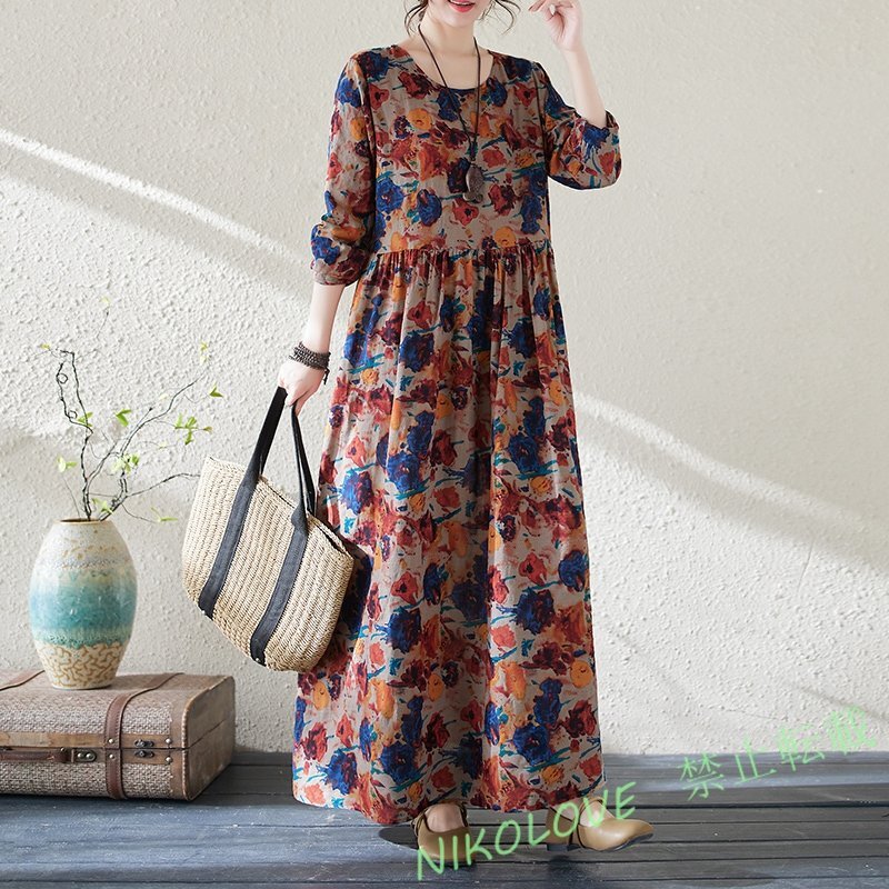 新品レディース ゆったり大きいサイズ 綿麻 カジュアル プリント柄 長袖ロング丈ワンピース L~XXL 赤い花 LH546拍卖