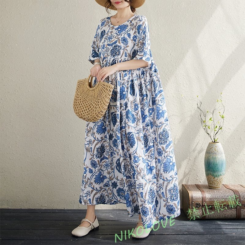 新品ゆったりビッグサイズ ファッション 丸首 花柄 半袖 ワンピース ネイビー LH476拍卖