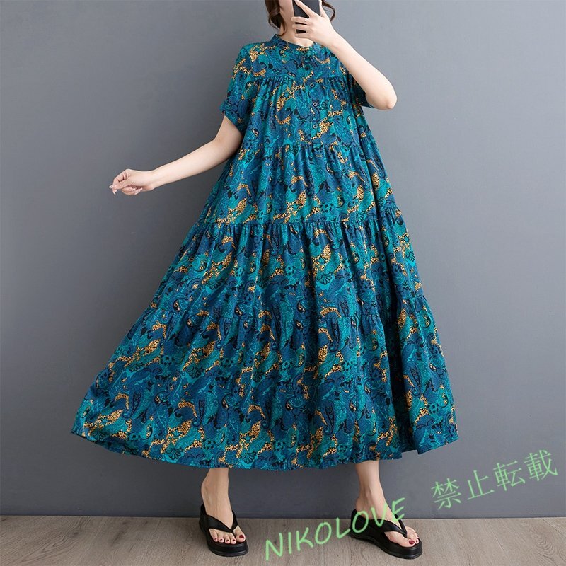 新品ゆったり大きいサイズ カジュアル プリント柄 切り替え 半袖 シャツワンピース 紺 LH447拍卖