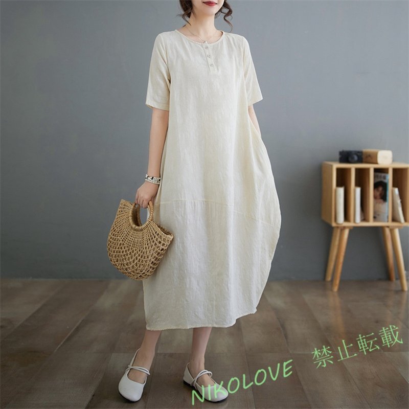 新品レジャー 腹隠しをする ファッション 丸首 じゅんしょく 半袖 ワンピース 白 LH383拍卖