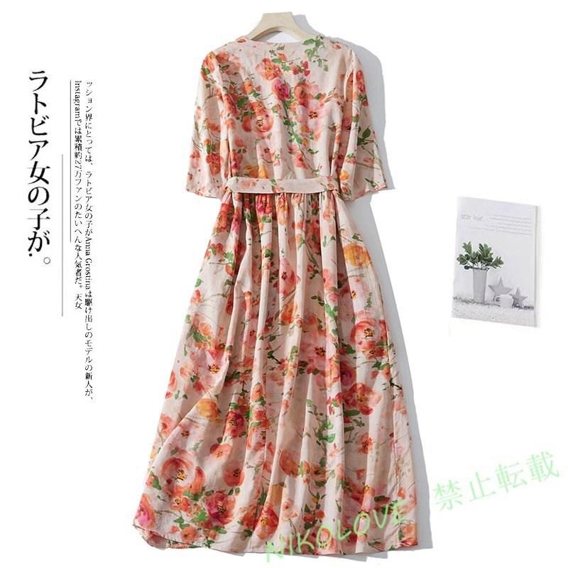 新品カジュアル 軽薄 ゆったりサイズ 身を修めてやせて見 プリント柄 Vネック 半袖ミドル丈ワンピース ピンク LH307拍卖