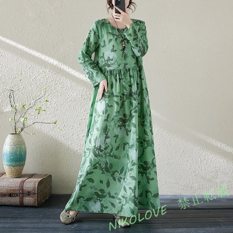 新品レディース ゆったり大きいサイズ 綿麻 カジュアル 木の葉 長袖ロング丈ワンピース L~XXL グリーンで LH527拍卖