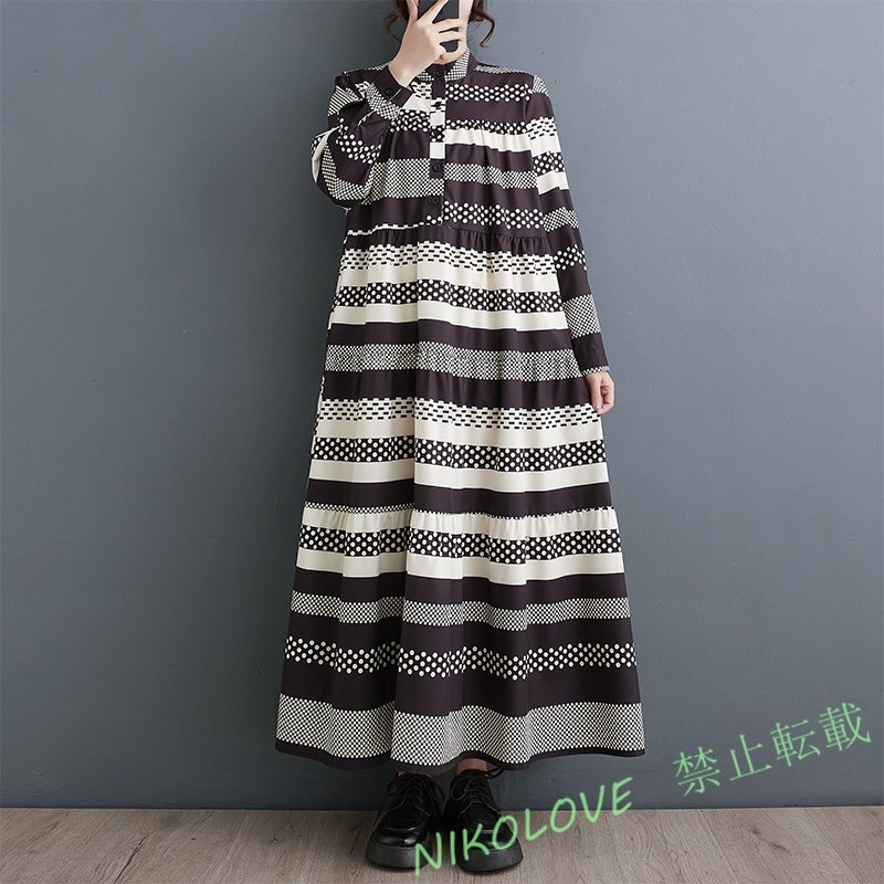 新品レディース ゆったり大きいサイズ カジュアル 配色 プリント柄 ロング丈ワンピース LH120拍卖