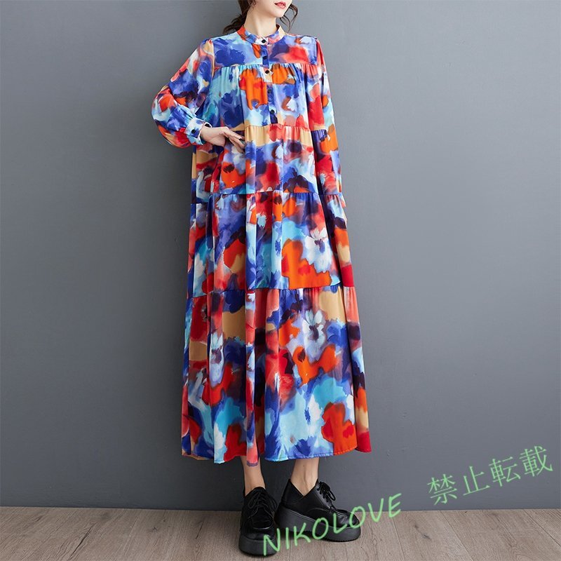 新品レディース エレガント 切り替え ゆったり大きいサイズ体型カバー 長袖ロングワンピース 水色の花柄 LH098拍卖