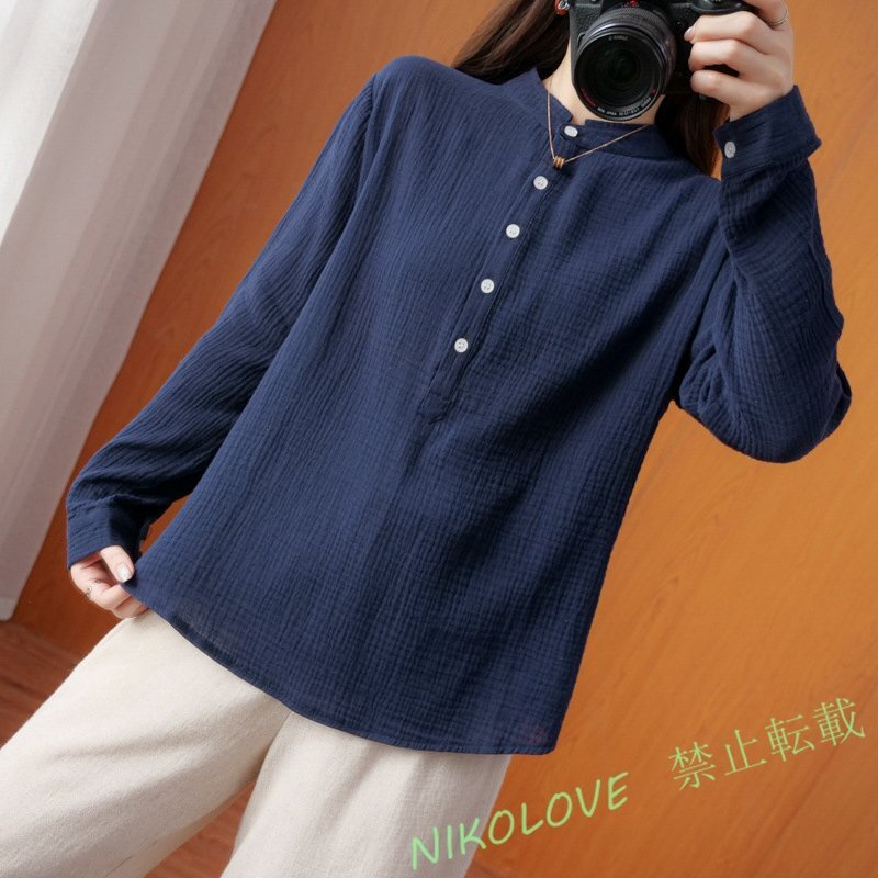 新品夏物 カジュアル 綿麻 ブラウス 可愛い 大人 通勤通学 長袖 トップス シンプル チュニック ネイビー LD239拍卖